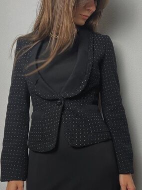 Nice Claup black white dot single button deep v neck wool blazer
